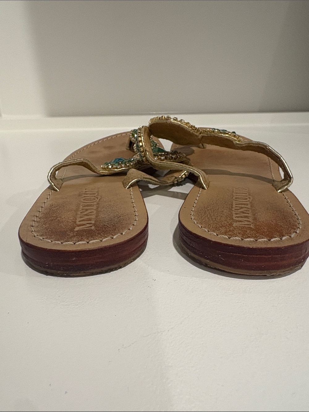 Mystique Boutique Gold Sandals with Green Gem Accents - Picture 4 of 5